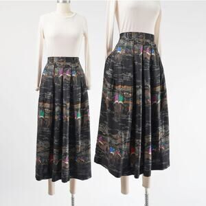 Vintage 80s Equestrian Print Pleated Maxi Skirt Horse Landscape Print M